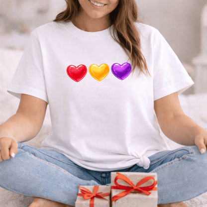 Colorful Candy Heart Trio Valentine Shirt | Cute Glossy Heart Love Sweatshirt