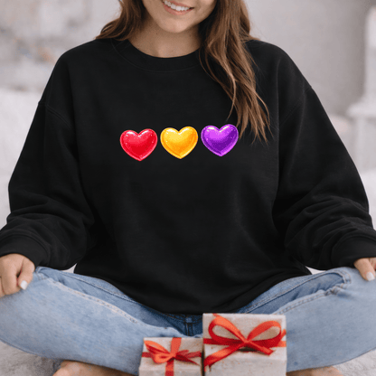 Colorful Candy Heart Trio Valentine Shirt | Cute Glossy Heart Love Sweatshirt