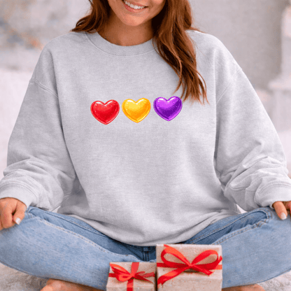 Colorful Candy Heart Trio Valentine Shirt | Cute Glossy Heart Love Sweatshirt
