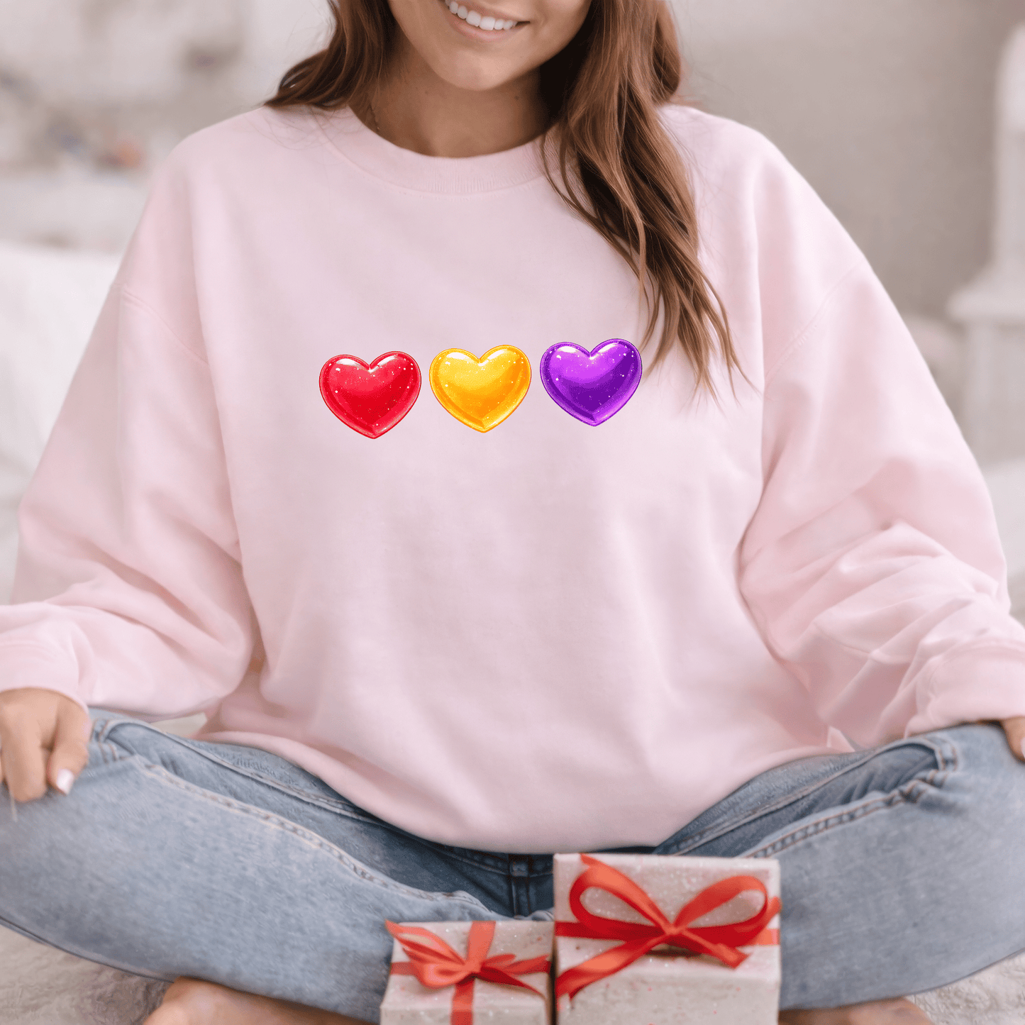 Colorful Candy Heart Trio Valentine Shirt | Cute Glossy Heart Love Sweatshirt
