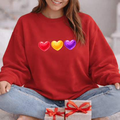 Colorful Candy Heart Trio Valentine Shirt | Cute Glossy Heart Love Sweatshirt