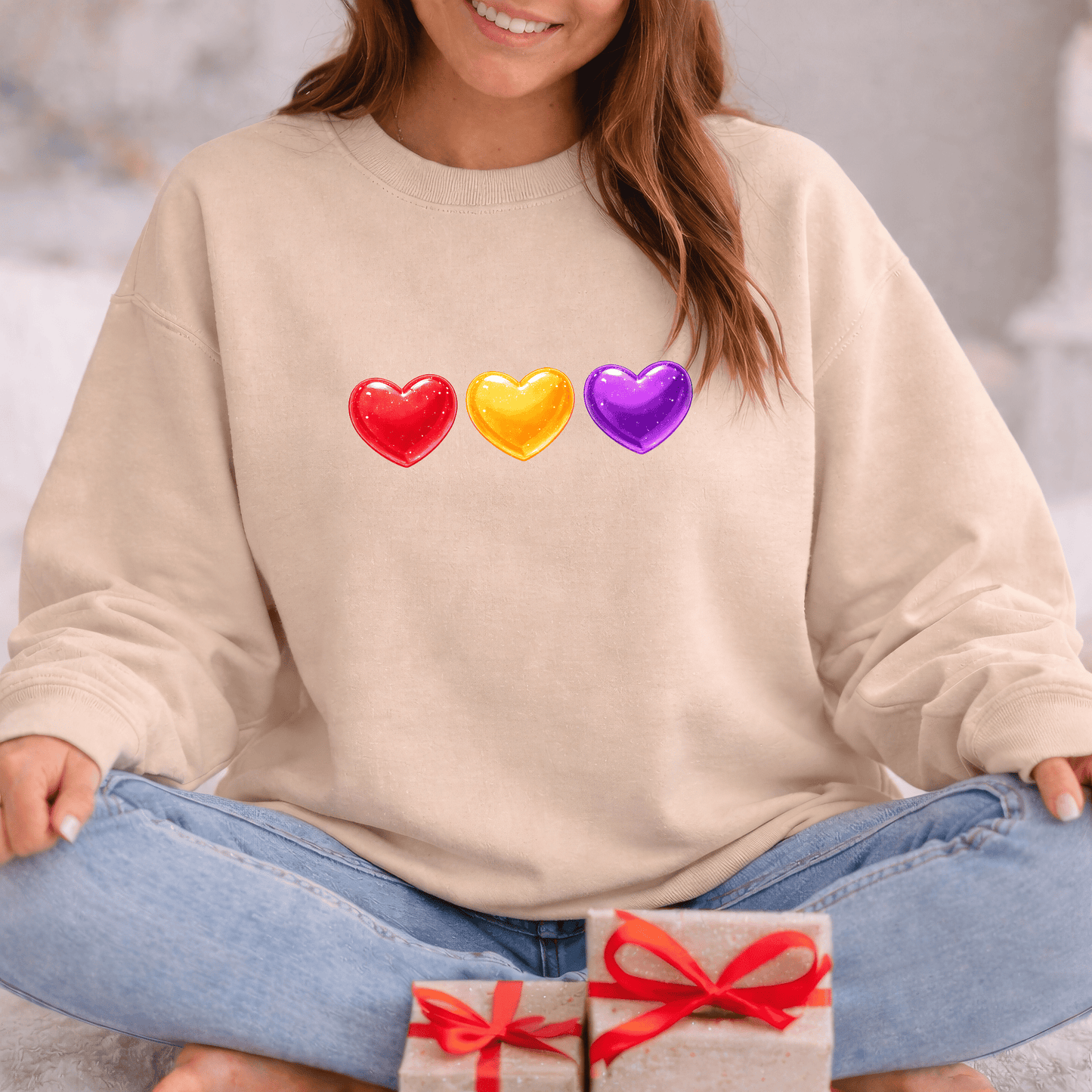 Colorful Candy Heart Trio Valentine Shirt | Cute Glossy Heart Love Sweatshirt