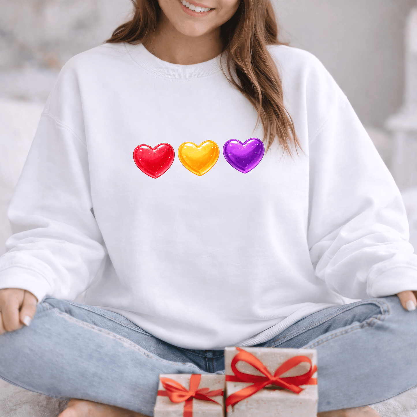 Colorful Candy Heart Trio Valentine Shirt | Cute Glossy Heart Love Sweatshirt