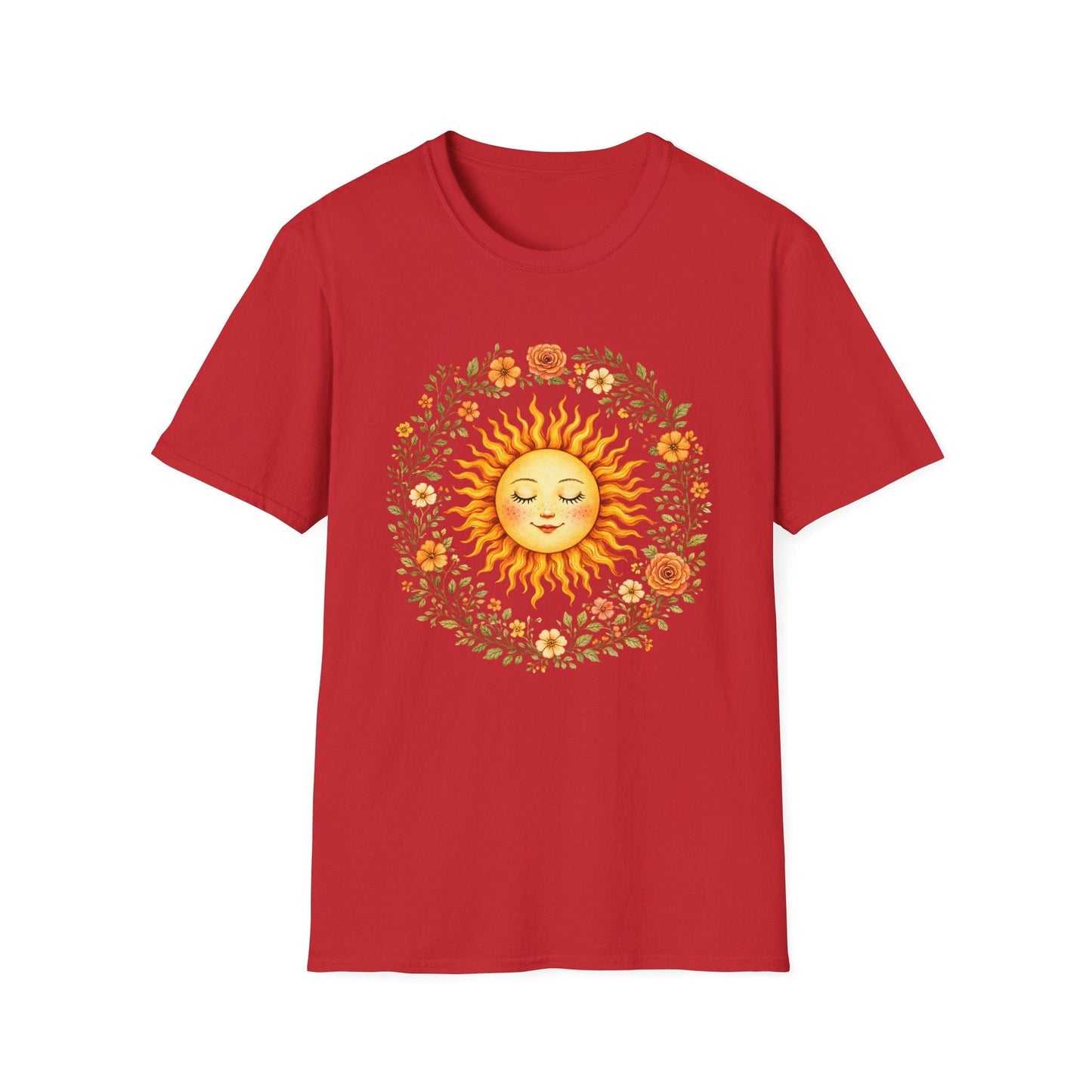 Radiant Sun & Floral Wreath t-shirt | Soft Botanical Spring Design