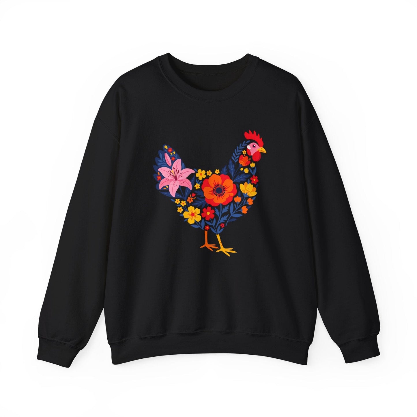 Floral Chicken Sweatshirt | Folk Art Spring Farm Design