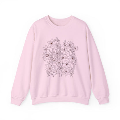 Vintage Floral Line Art Sweatshirt | Dark Botanical Wildflower Design