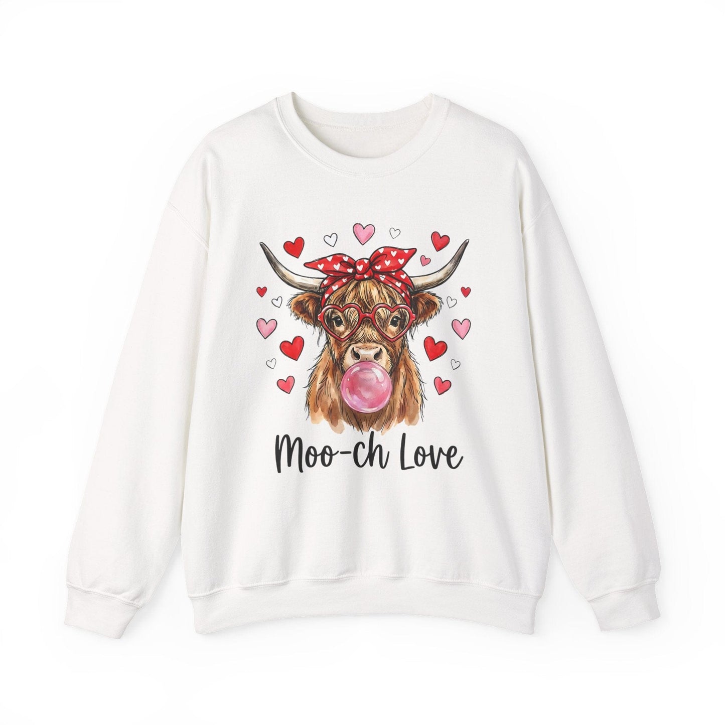 Moo-ch Love Highland Cow Valentine Sweatshirt | Cute Bubblegum, Heart Glasses Design