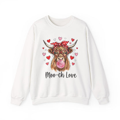 Moo-ch Love Highland Cow Valentine Sweatshirt | Cute Bubblegum, Heart Glasses Design