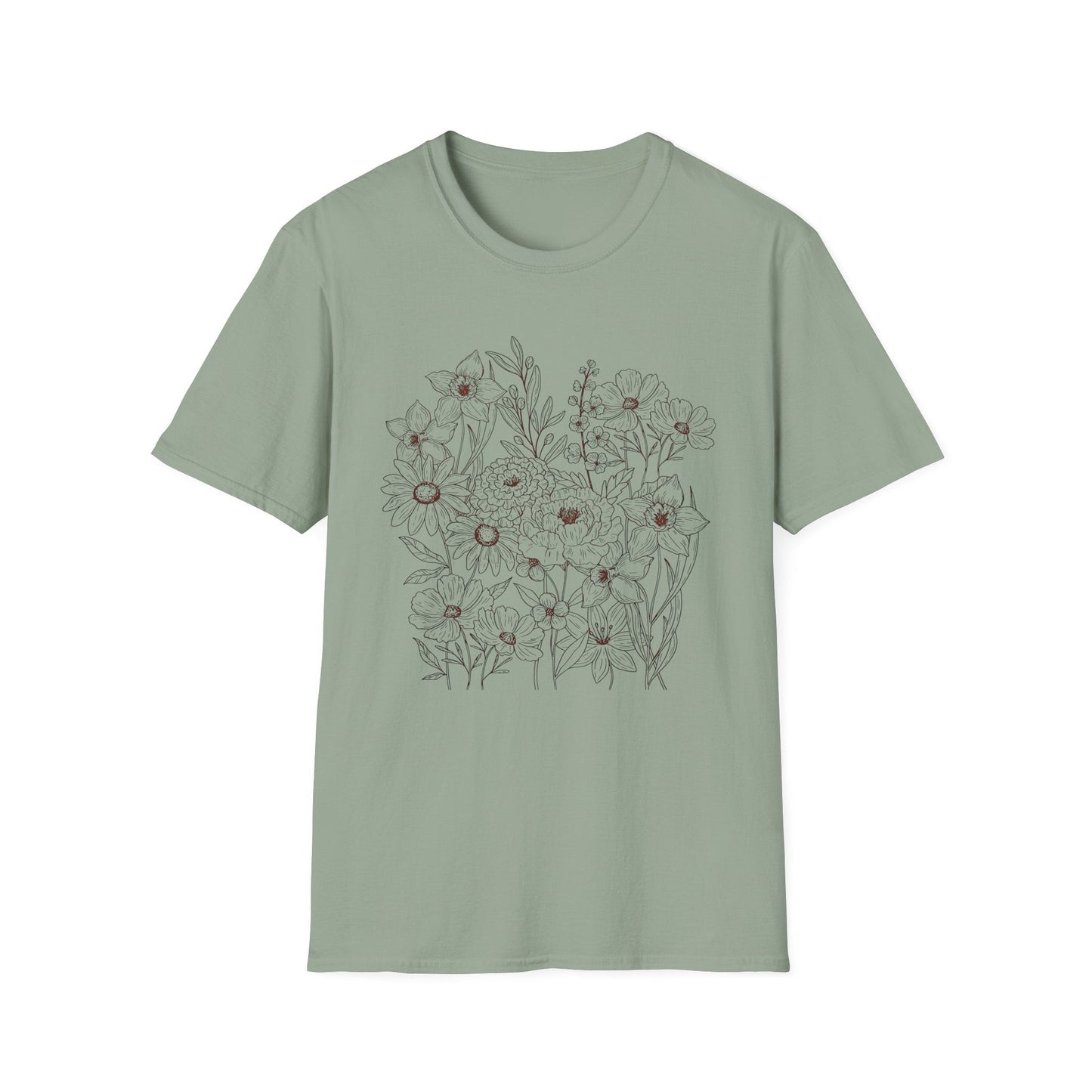 Vintage Floral Line Art t-shirt | Dark Botanical Wildflower Design