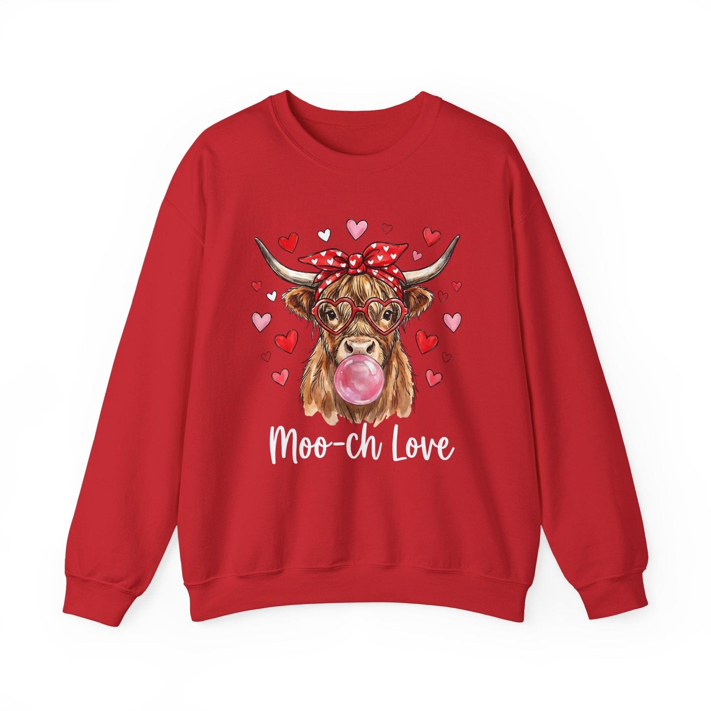Moo-ch Love Highland Cow Valentine Sweatshirt | Cute Bubblegum, Heart Glasses Design