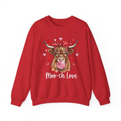 Moo-ch Love Highland Cow Valentine Sweatshirt | Cute Bubblegum, Heart Glasses Design