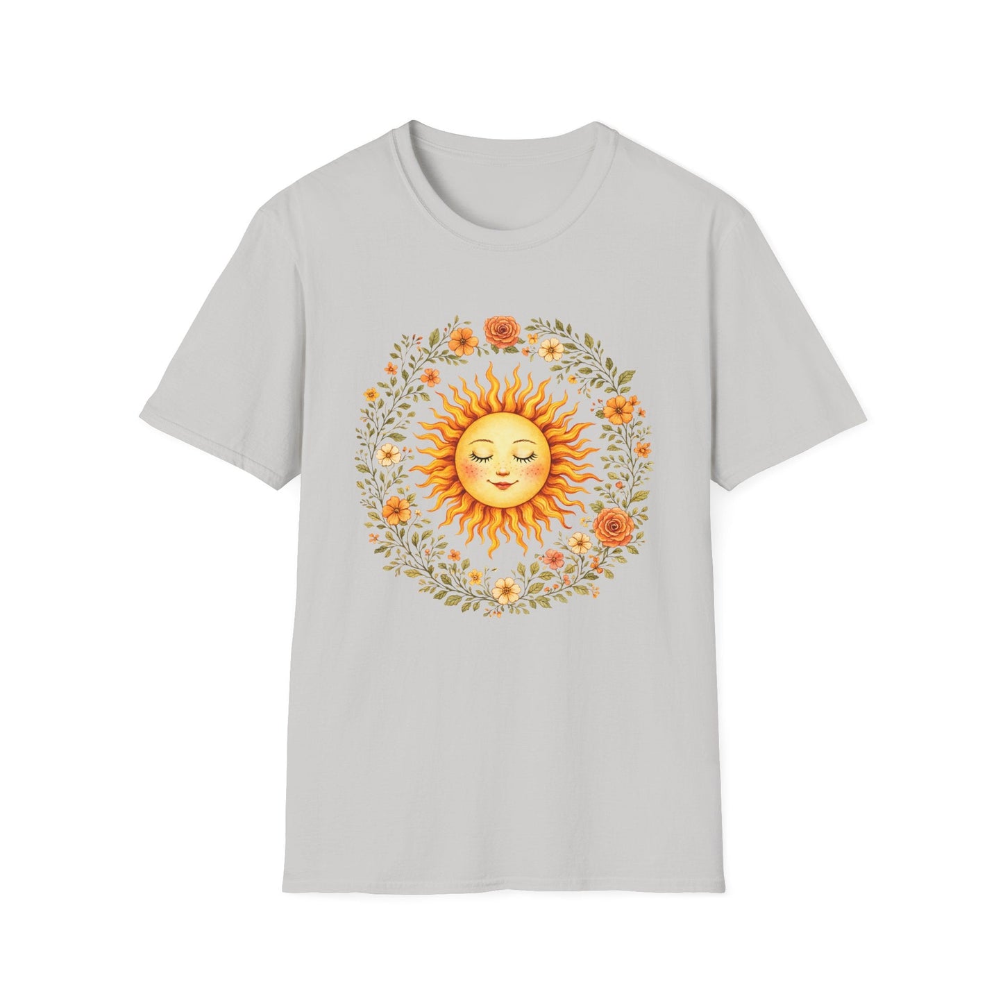Radiant Sun & Floral Wreath t-shirt | Soft Botanical Spring Design