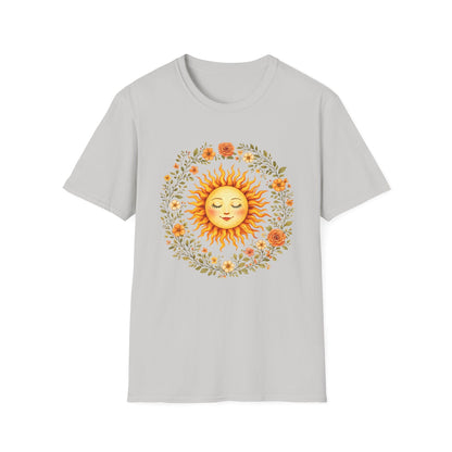 Radiant Sun & Floral Wreath t-shirt | Soft Botanical Spring Design