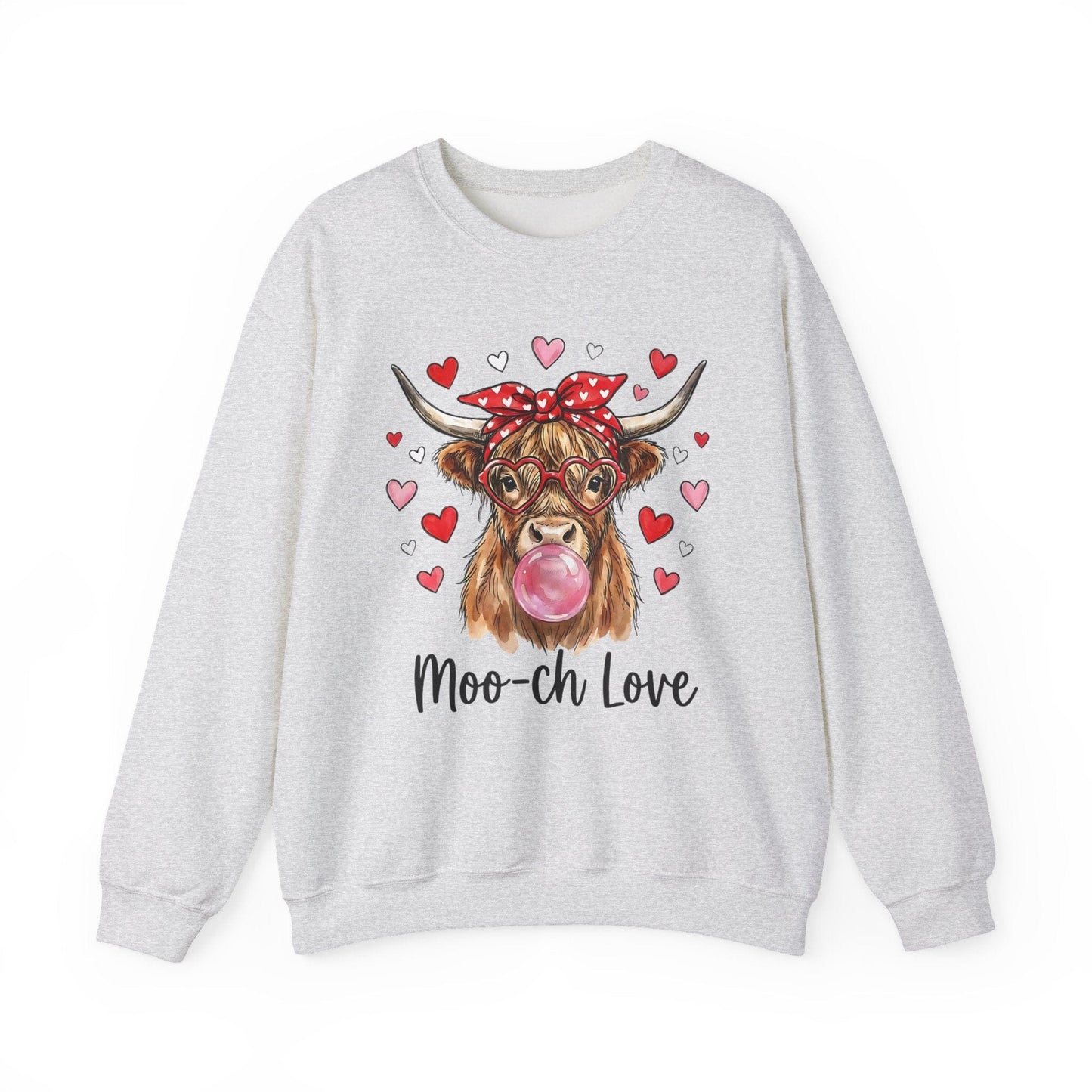 Moo-ch Love Highland Cow Valentine Sweatshirt | Cute Bubblegum, Heart Glasses Design