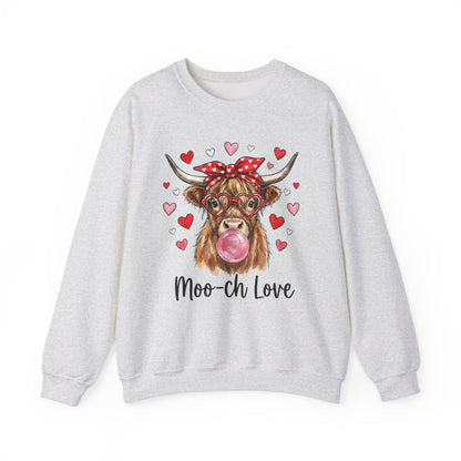 Moo-ch Love Highland Cow Valentine Sweatshirt | Cute Bubblegum, Heart Glasses Design
