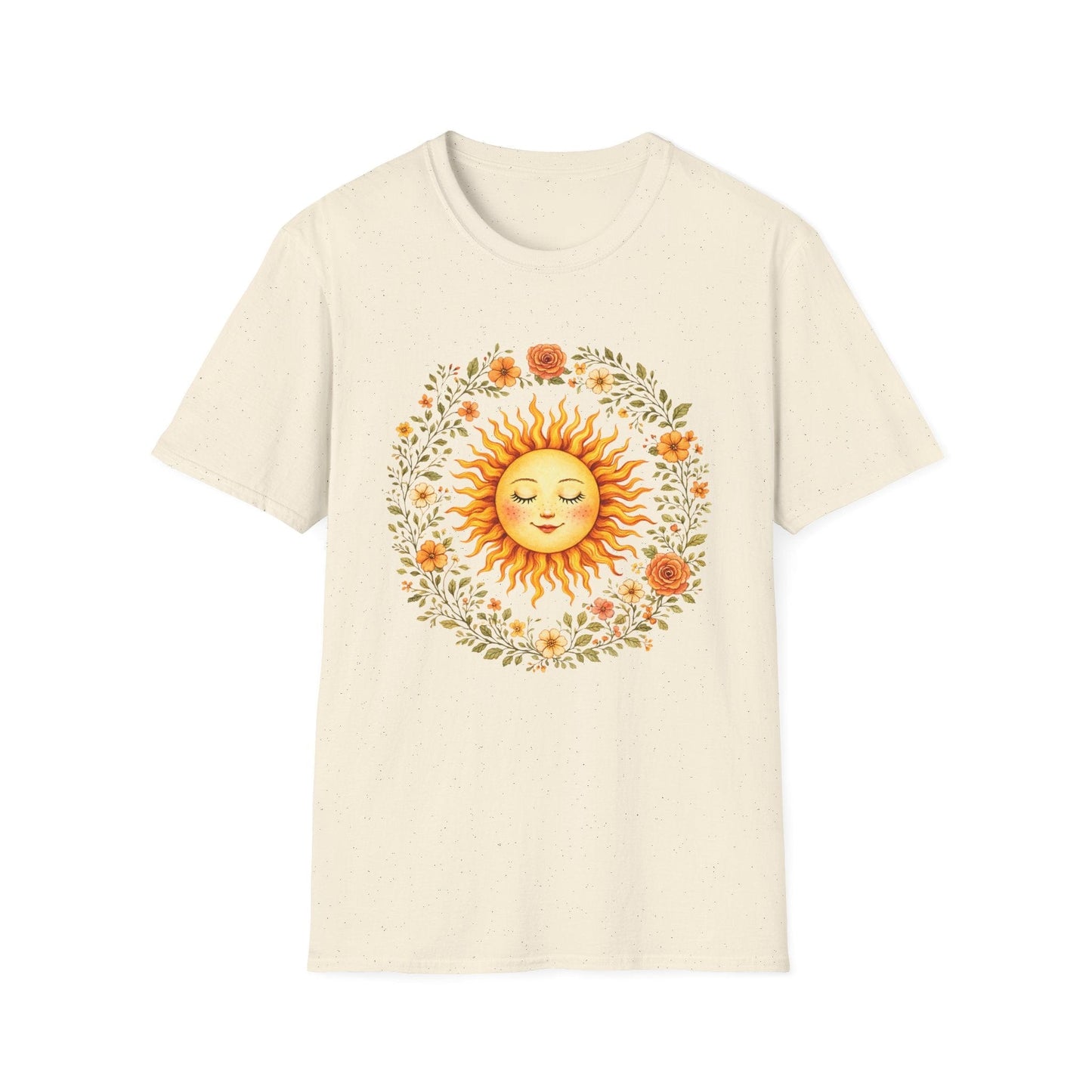 Radiant Sun & Floral Wreath t-shirt | Soft Botanical Spring Design