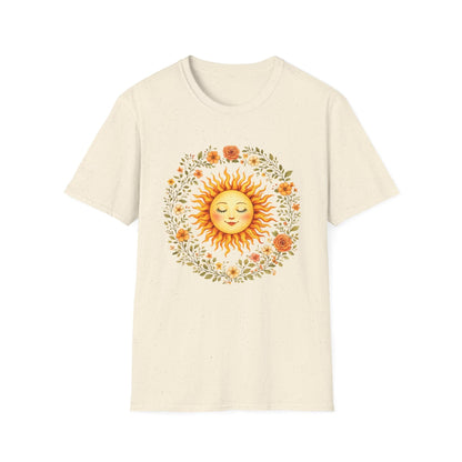 Radiant Sun & Floral Wreath t-shirt | Soft Botanical Spring Design