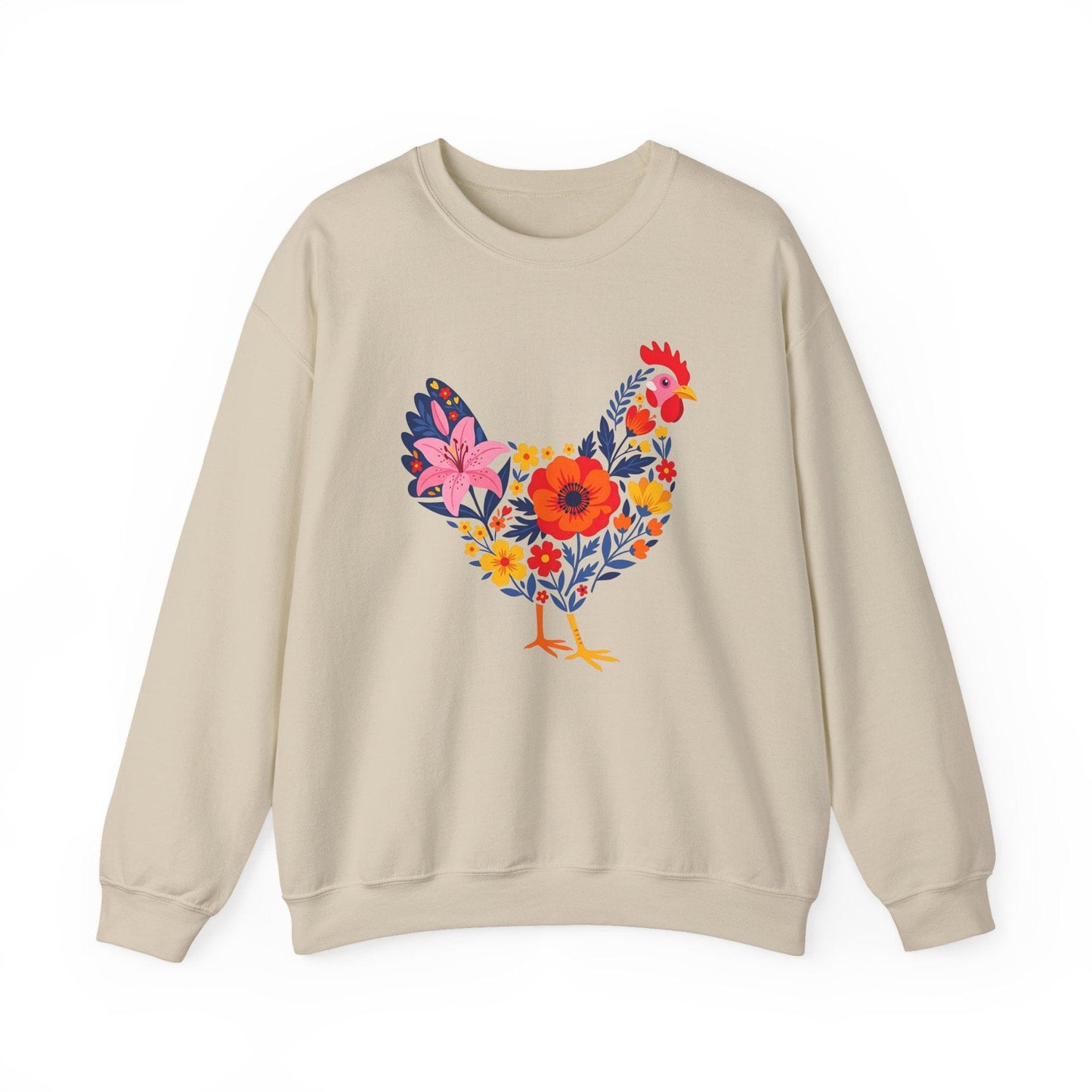 Floral Chicken Sweatshirt | Folk Art Spring Farm Design
