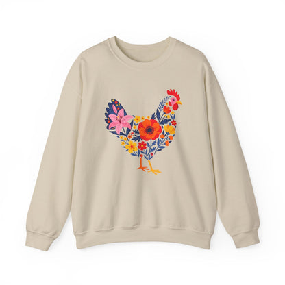 Floral Chicken Sweatshirt | Folk Art Spring Farm Design