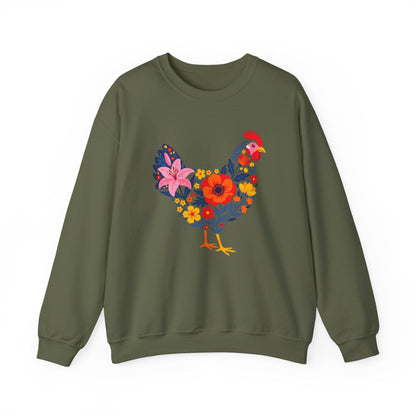 Floral Chicken Sweatshirt | Folk Art Spring Farm Design