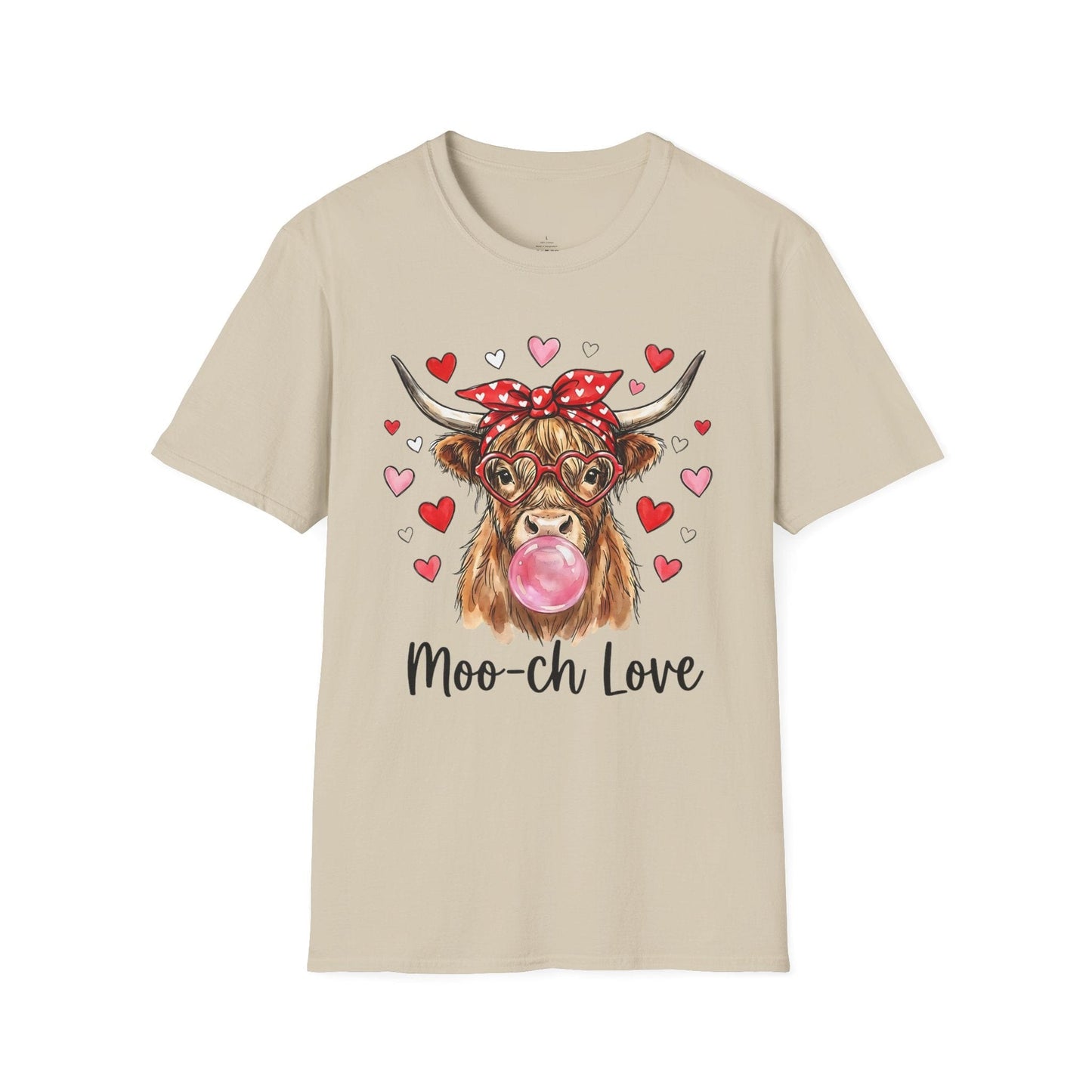 Moo-ch Love Highland Cow Valentine T-Shirt | Cute Bubblegum, Heart Glasses Design