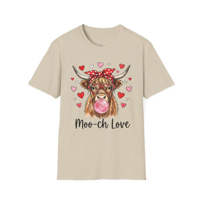 Moo-ch Love Highland Cow Valentine T-Shirt | Cute Bubblegum, Heart Glasses Design