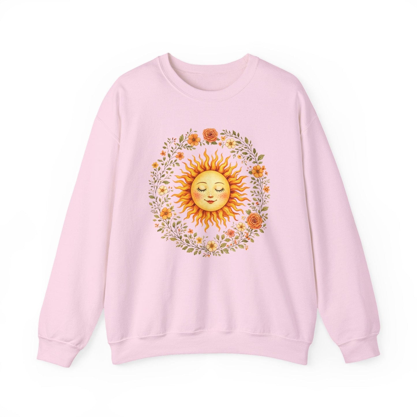 Radiant Sun & Floral Wreath Sweatshirt | Soft Botanical Spring Design