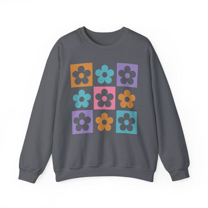 Retro Flower Grid Sweatshirt | Modern Floral Pattern, Colorful Minimalist Design