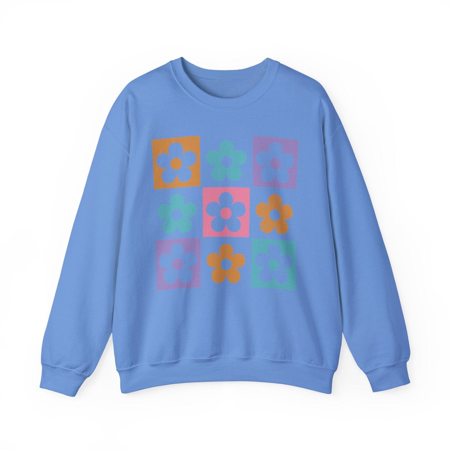 Retro Flower Grid Sweatshirt | Modern Floral Pattern, Colorful Minimalist Design