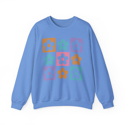 Retro Flower Grid Sweatshirt | Modern Floral Pattern, Colorful Minimalist Design
