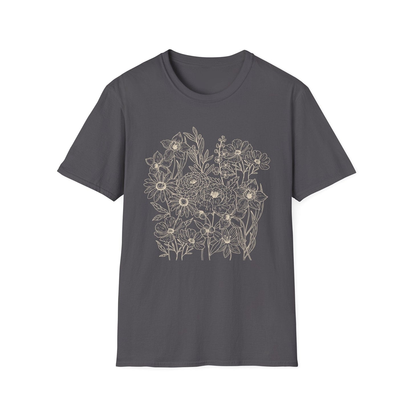 Vintage Floral Line Art t-shirt | Dark Botanical Wildflower Design