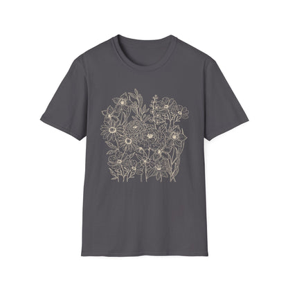 Vintage Floral Line Art t-shirt | Dark Botanical Wildflower Design