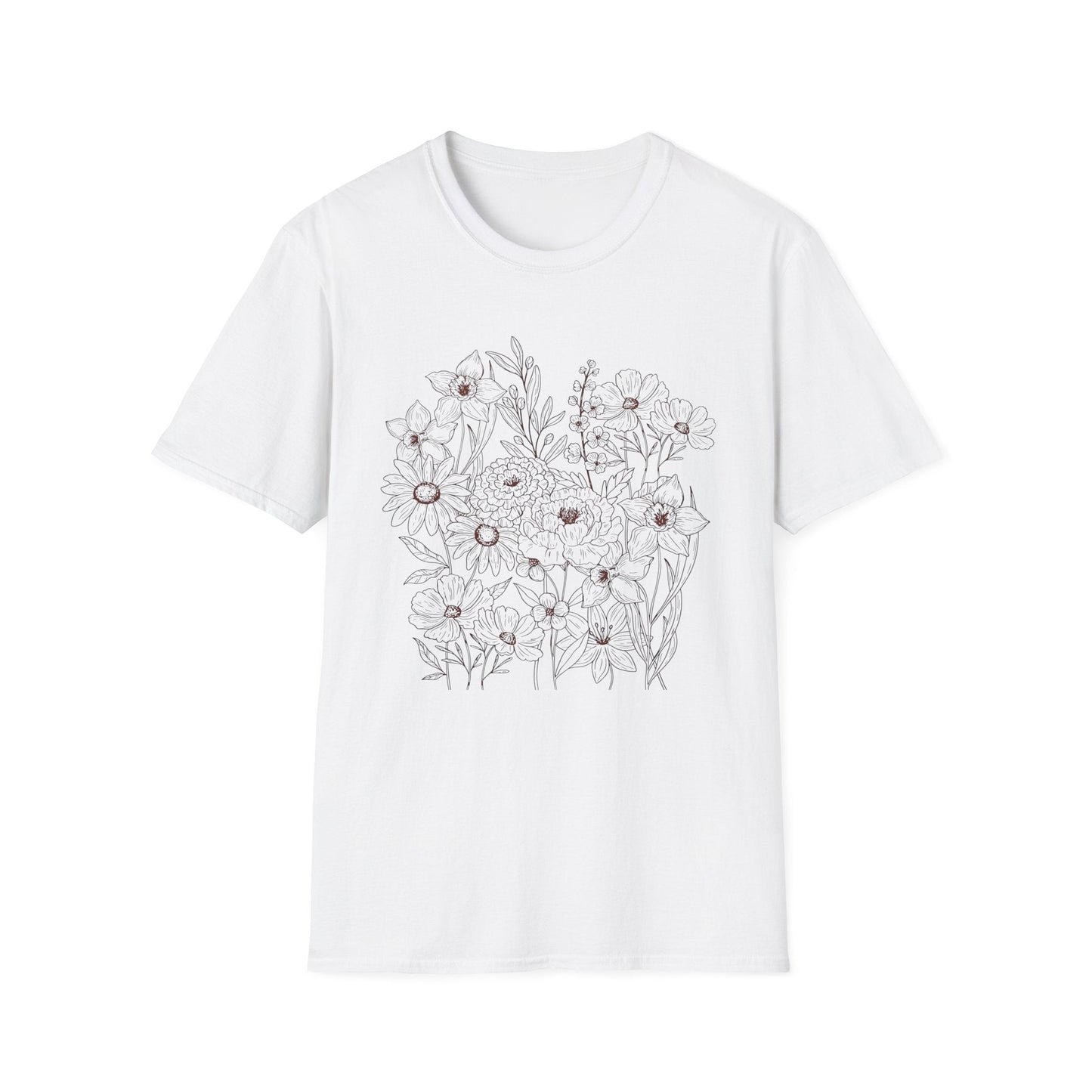 Vintage Floral Line Art t-shirt | Dark Botanical Wildflower Design
