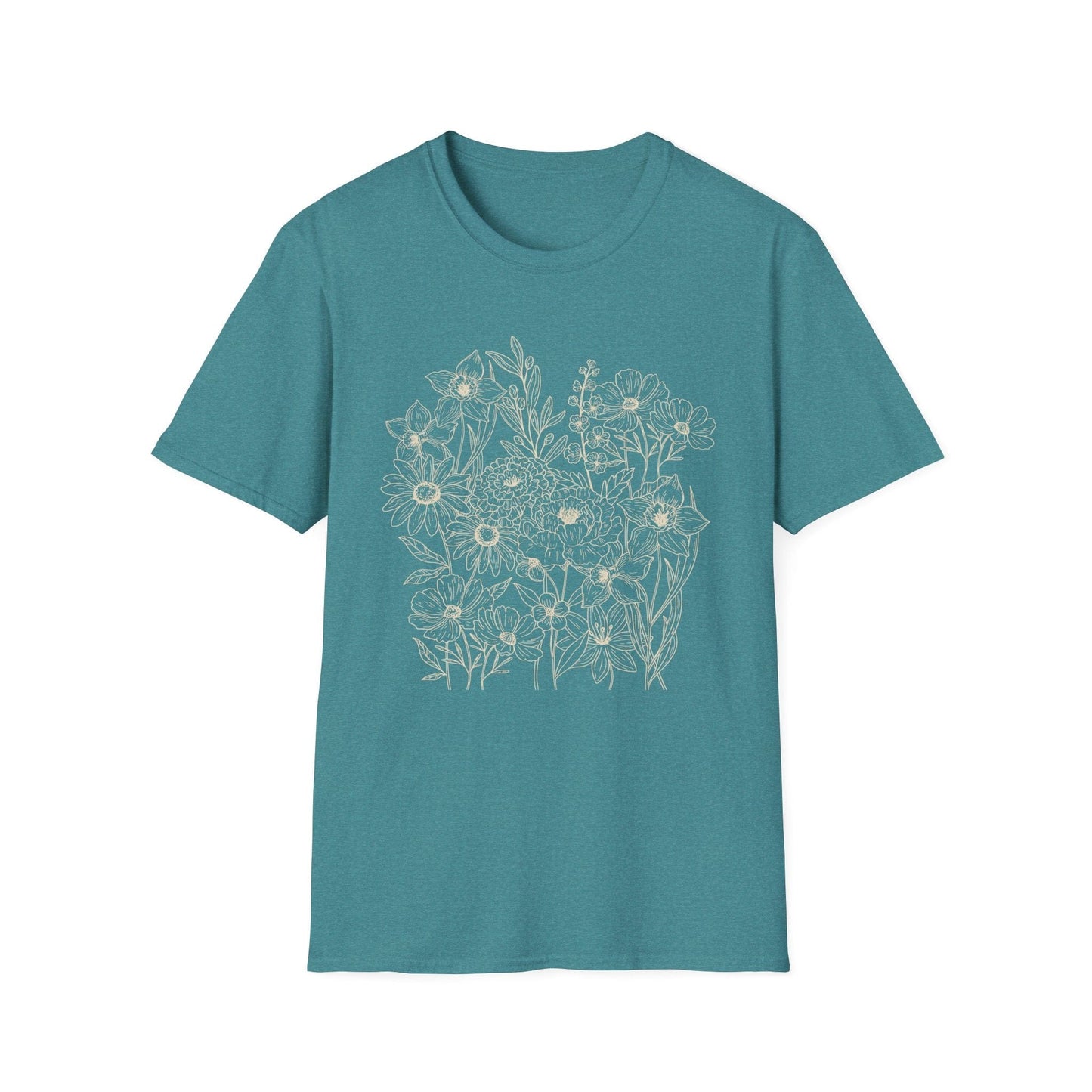 Vintage Floral Line Art t-shirt | Dark Botanical Wildflower Design