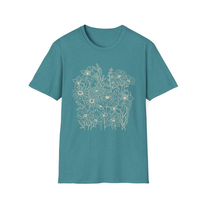 Vintage Floral Line Art t-shirt | Dark Botanical Wildflower Design
