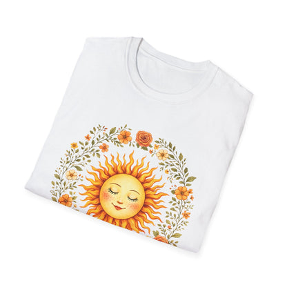Radiant Sun & Floral Wreath t-shirt | Soft Botanical Spring Design
