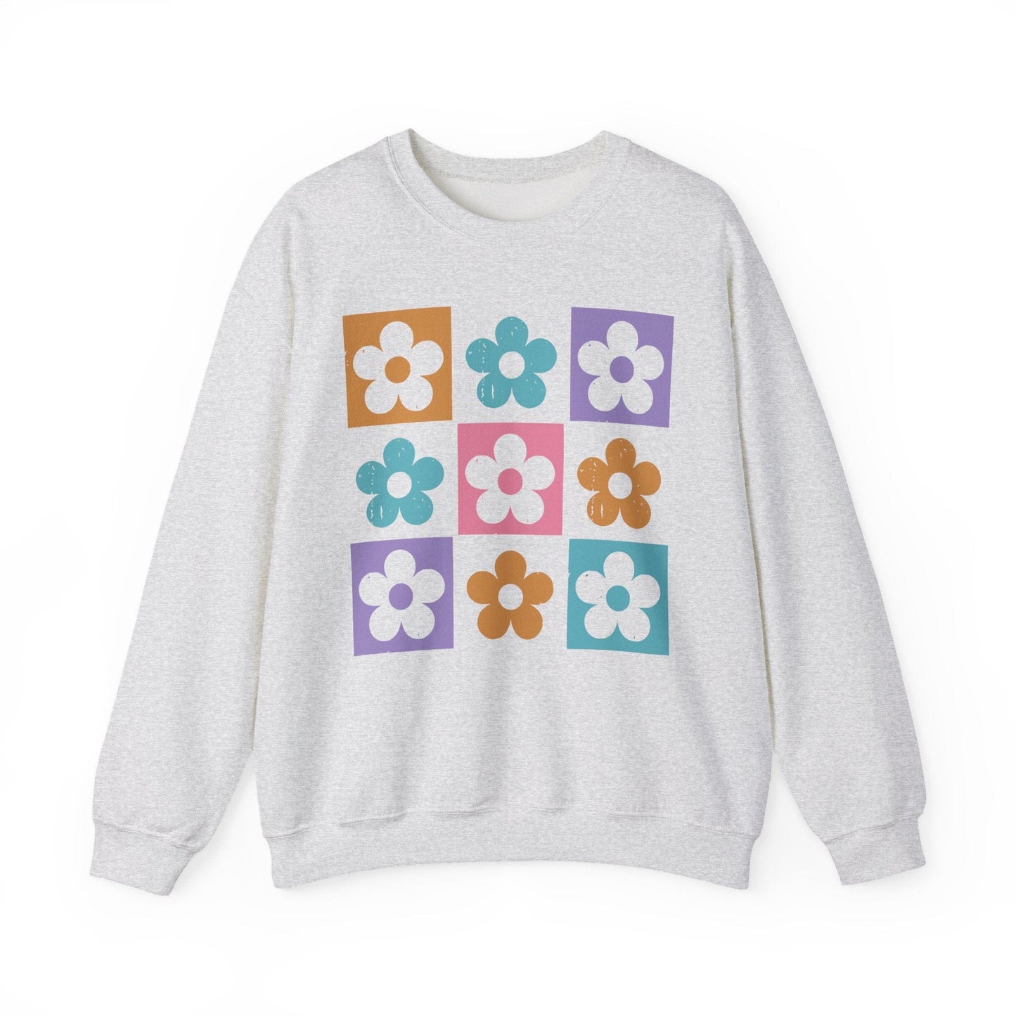 Retro Flower Grid Sweatshirt | Modern Floral Pattern, Colorful Minimalist Design