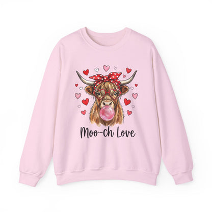 Moo-ch Love Highland Cow Valentine Sweatshirt | Cute Bubblegum, Heart Glasses Design
