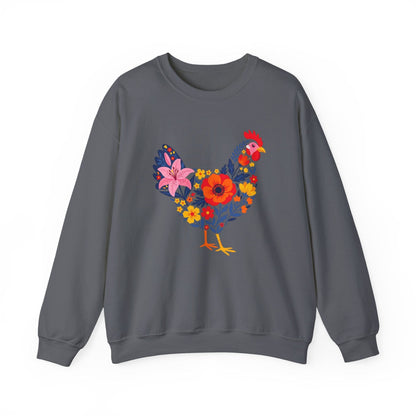 Floral Chicken Sweatshirt | Folk Art Spring Farm Design