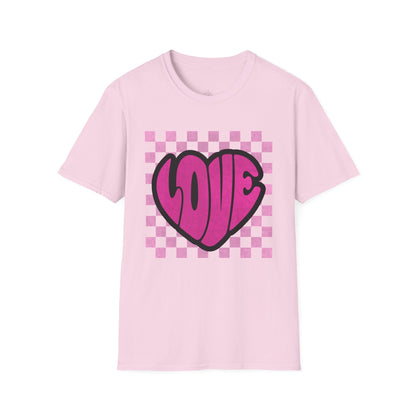 LOVE Heart Checkerboard Valentine Shirt | Trendy Pink Graphic Tee