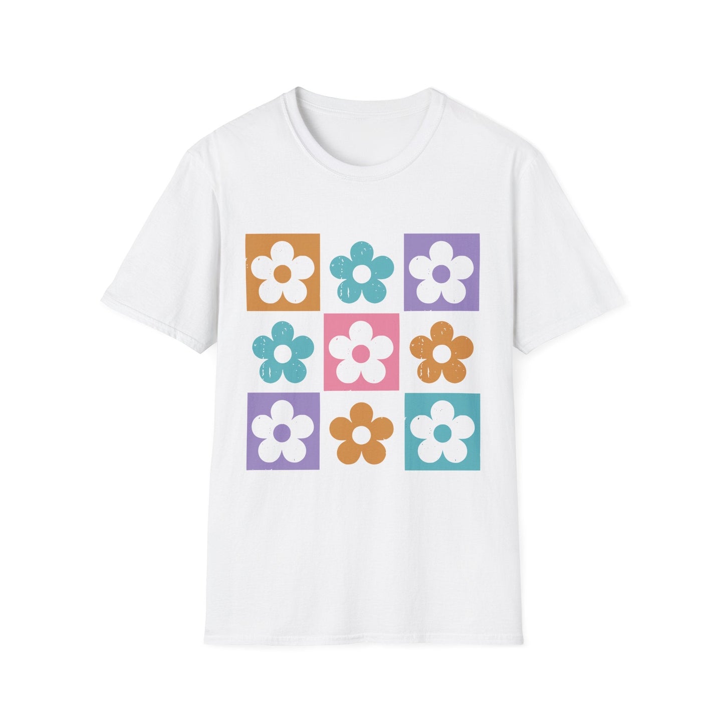 Retro Flower Grid t-shirt | Modern Floral Pattern, Colorful Minimalist Design