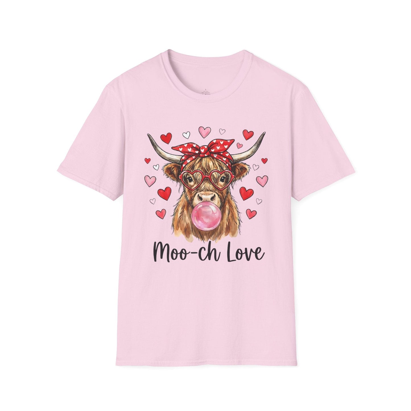 Moo-ch Love Highland Cow Valentine T-Shirt | Cute Bubblegum, Heart Glasses Design