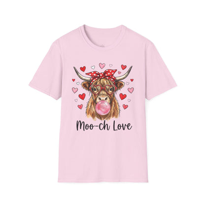 Moo-ch Love Highland Cow Valentine T-Shirt | Cute Bubblegum, Heart Glasses Design