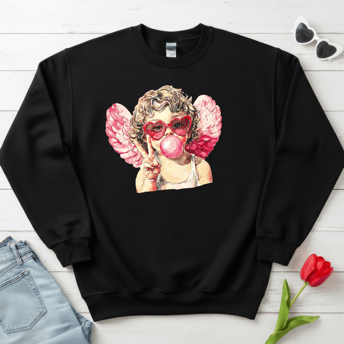Peace Love Valentine Cupid Shirt | Bubblegum Angel Graphic Sweatshirt