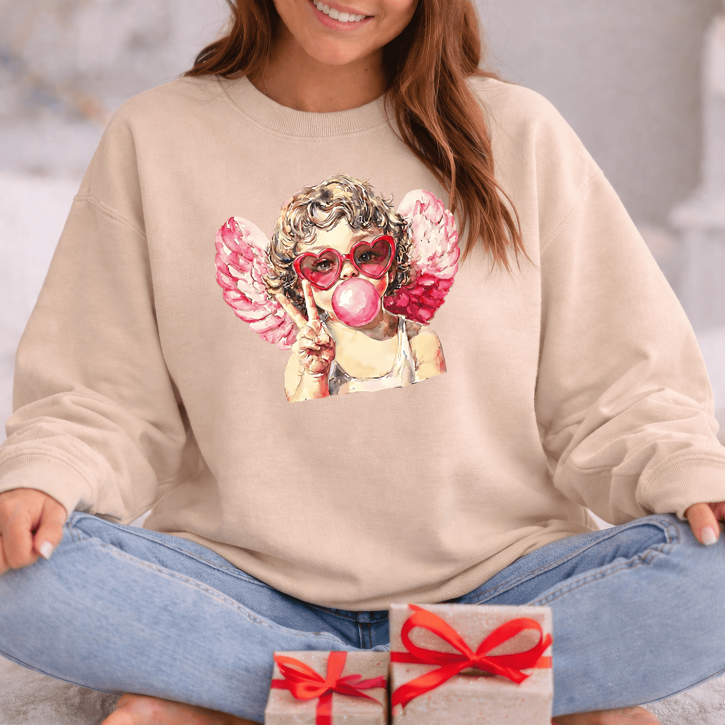 Peace Love Valentine Cupid Shirt | Bubblegum Angel Graphic Sweatshirt