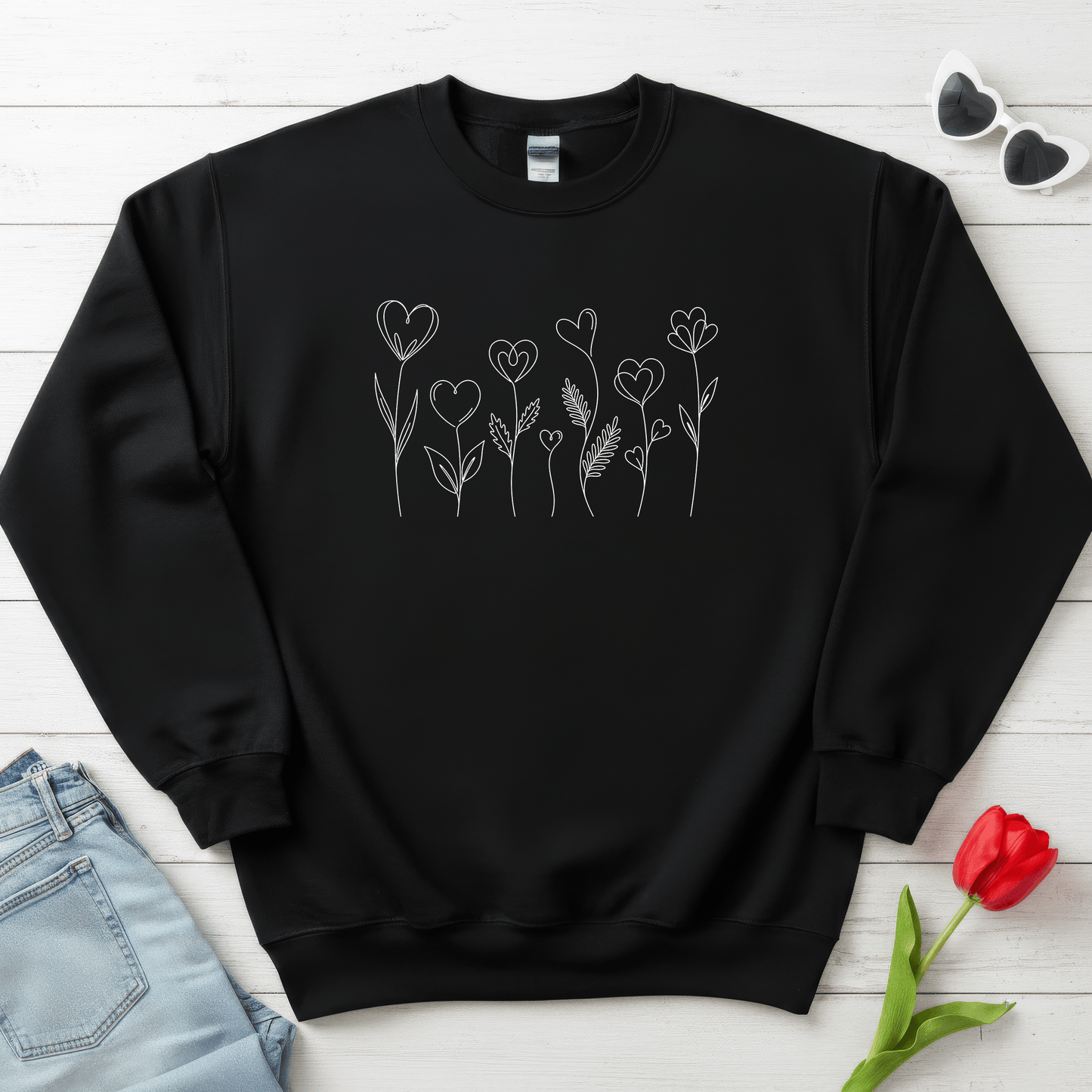 Delicate Heart Flower Valentine Shirt | Minimal Romantic Line Art Sweatshirt
