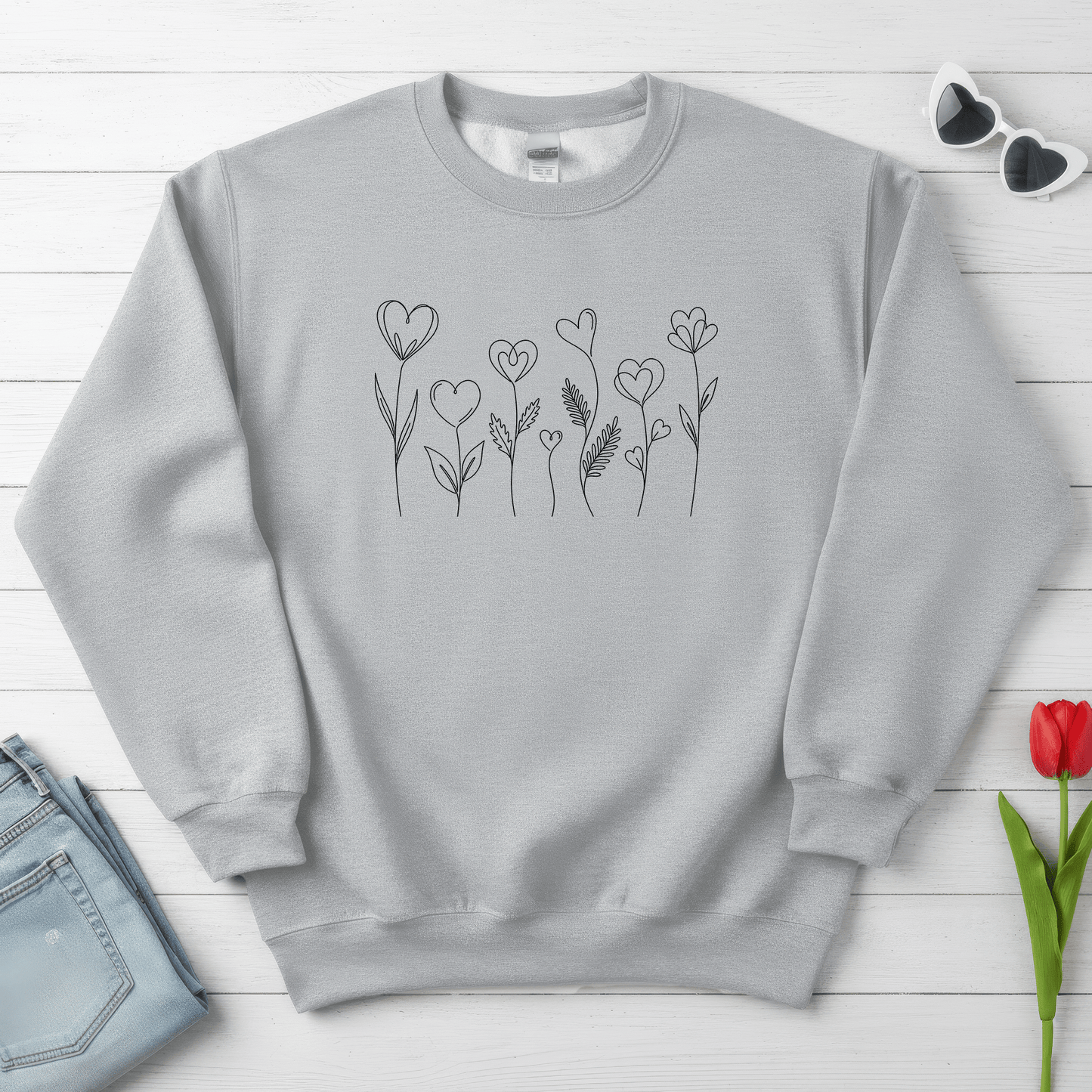 Delicate Heart Flower Valentine Shirt | Minimal Romantic Line Art Sweatshirt