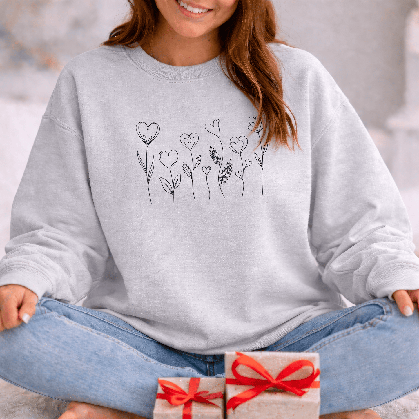 Delicate Heart Flower Valentine Shirt | Minimal Romantic Line Art Sweatshirt