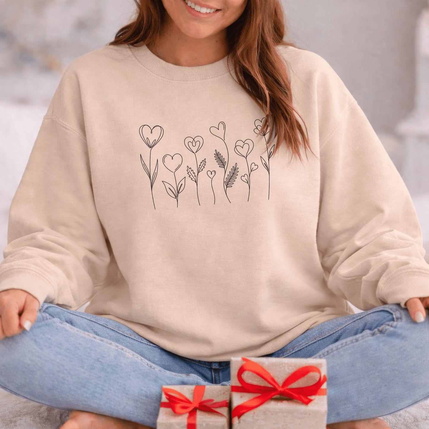 Delicate Heart Flower Valentine Shirt | Minimal Romantic Line Art Sweatshirt