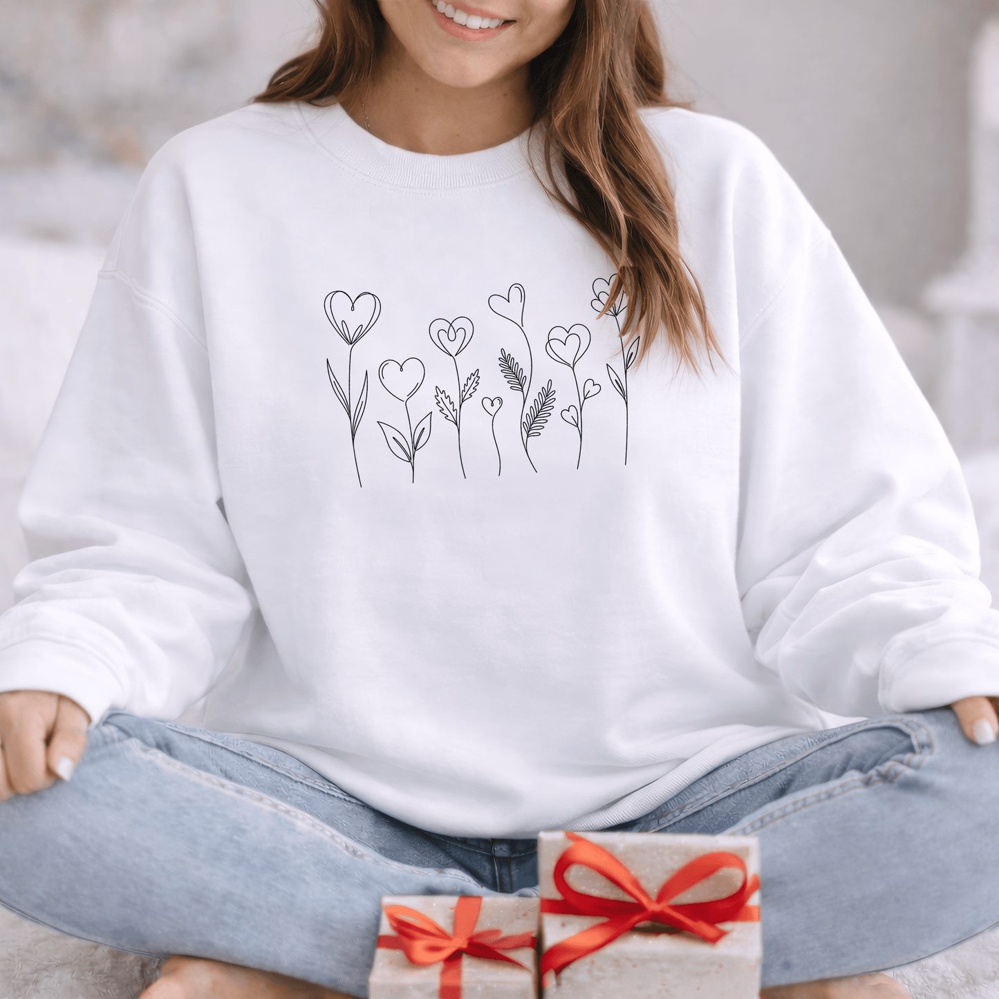 Delicate Heart Flower Valentine Shirt | Minimal Romantic Line Art Sweatshirt